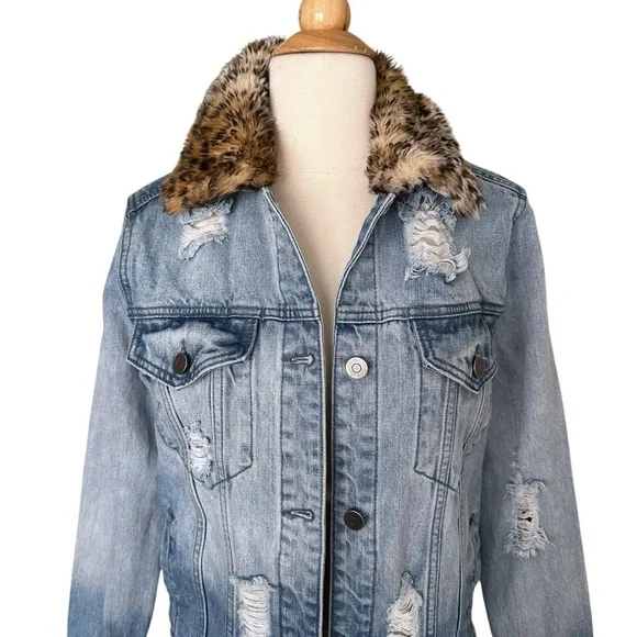 Guns N’ Roses Distressed Denim Trucker Band Jacket Leopard Faux Fur Collar M - Picture 3 of 15